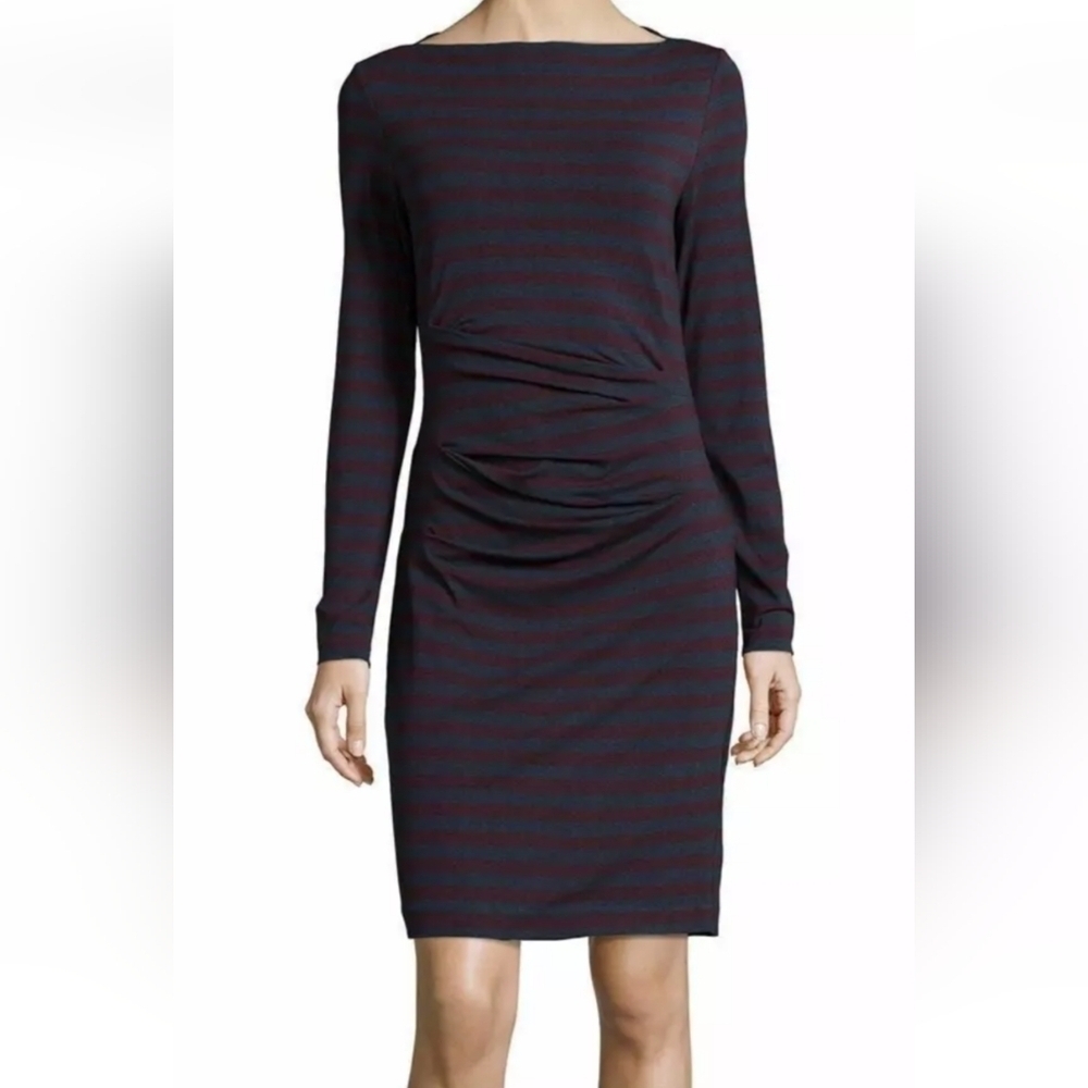 Nicole Miller Artelier Womens XS Quinn Bateau Neck Striped Tucked Jersey Dress